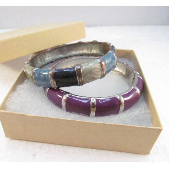 Enamel Bamboo Style Hinge Bracelets Set of 2 Purple and Green Blues - Picture 16 of 16